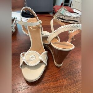 Jack Rodgers Whipped Stitch Wedge Ankle Strap Beige/White Shoes 9.5 Like New